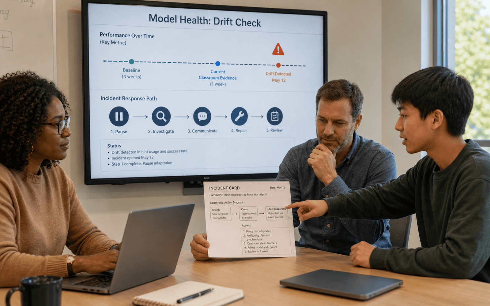 A Black woman data scientist, White man teacher, and East Asian woman student representative inspect a model-monitoring timeline and incident-response board in a bright operations room