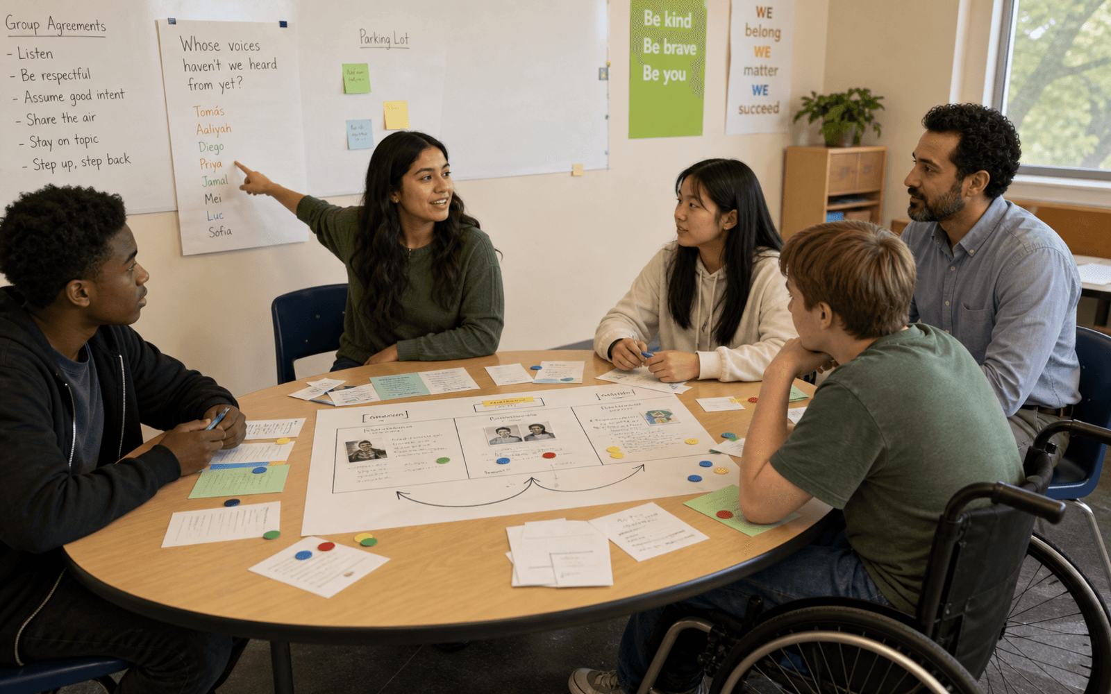 A Latina teenage student chairs a design discussion with a Black boy, East Asian girl, wheelchair-using White student, and attentive teacher around a classroom decision map