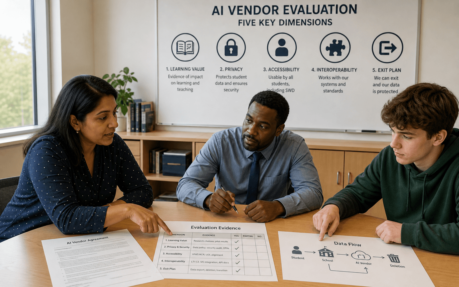 A South Asian woman procurement lead, Black man teacher, and White woman student representative compare an educational AI contract, evidence table, and data-flow diagram