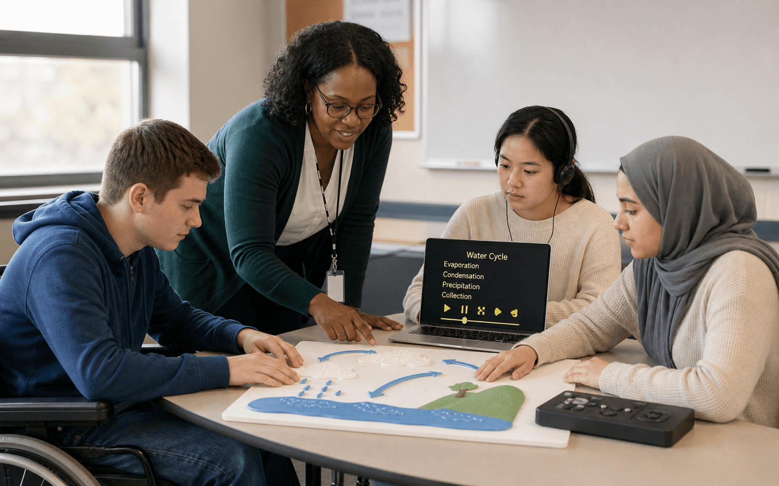 A Black woman teacher supports a White wheelchair user, East Asian student using a screen reader, and Middle Eastern student studying the same tactile science diagram in a bright classroom