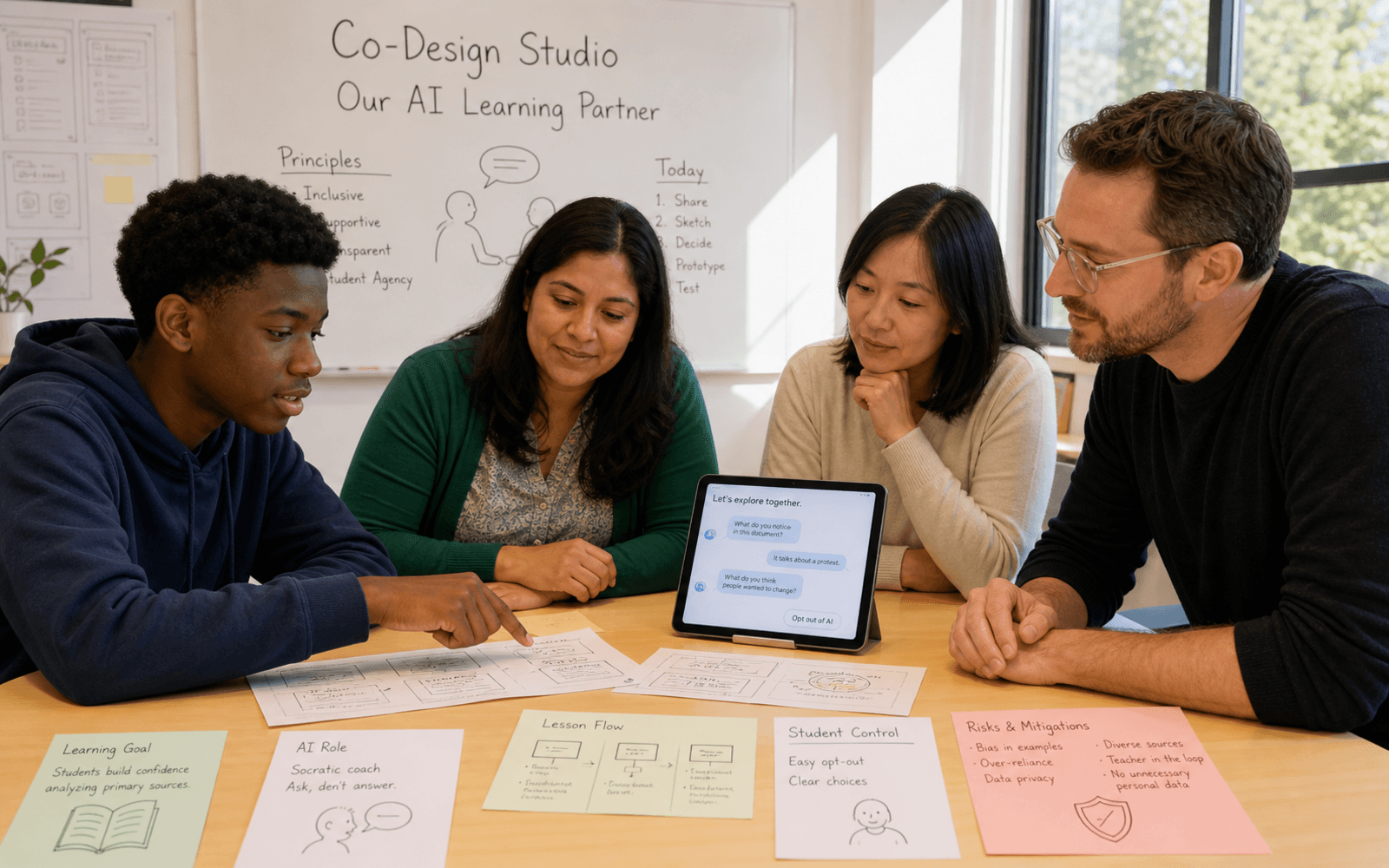 A Black teenage student, Latina teacher, East Asian parent, and White product designer build an educational AI prototype together with storyboards and risk cards