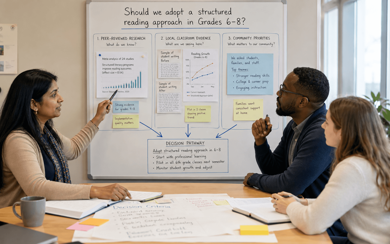 A South Asian woman school leader, Black man teacher, and White woman student compare research findings, local classroom evidence, and community priorities on a decision board
