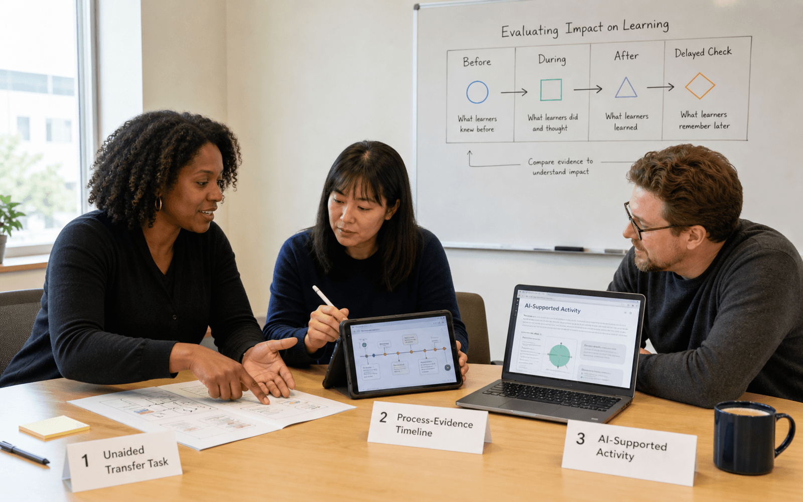 A Black woman learning scientist and East Asian and White adult learners compare unaided transfer tasks, process evidence, and an AI-supported classroom activity in a bright research studio