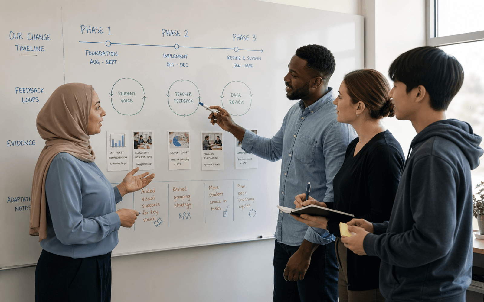 A Middle Eastern woman implementation coach, Black man teacher, White woman school leader, and East Asian student examine a classroom change timeline with feedback and adaptation notes