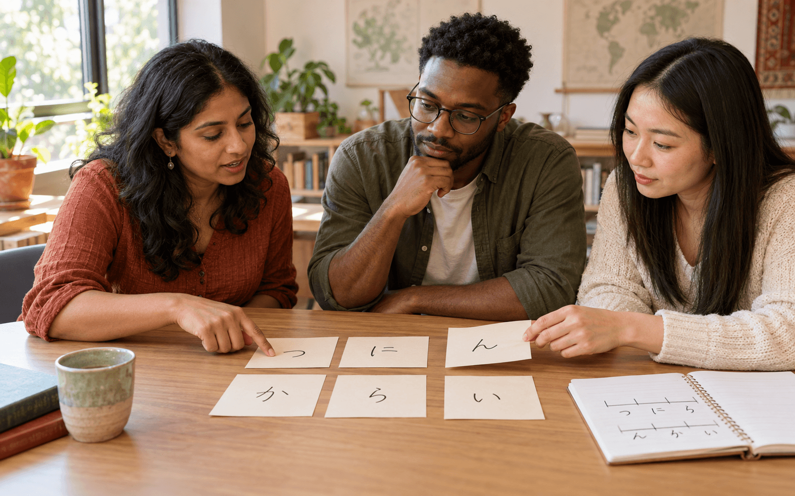 A South Asian woman instructor and two adult learners of different backgrounds compare handwritten syllable tiles and a segmentation diagram at a sunny classroom table.