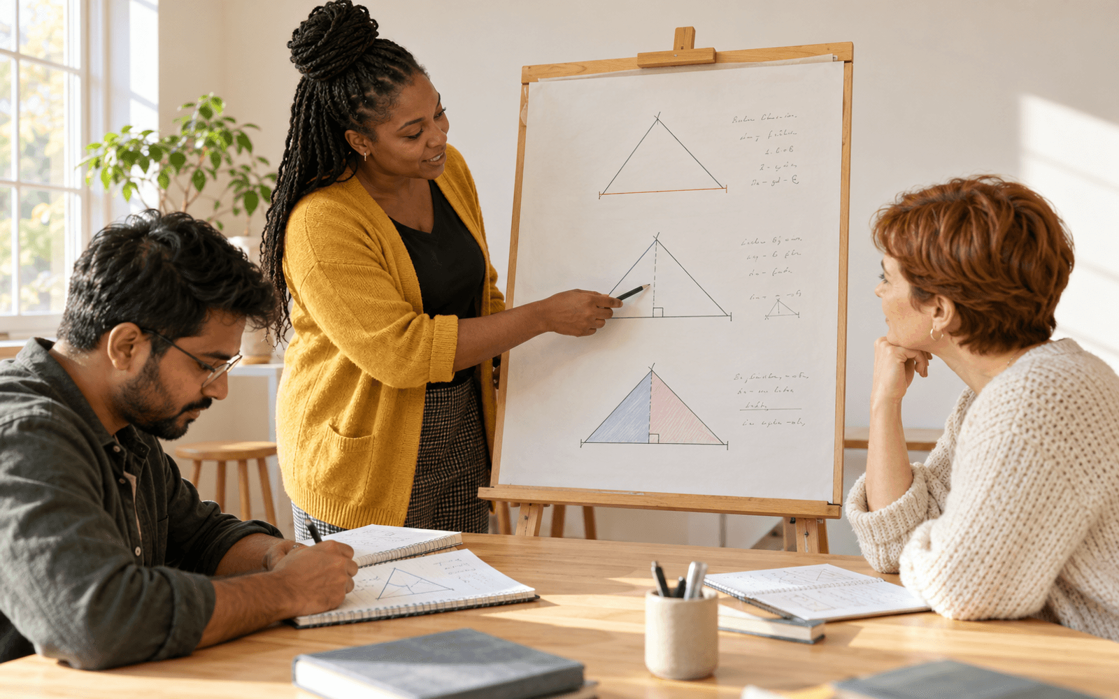 A Black woman tutor points to three successive triangle diagrams on an easel while a South Asian man sketches and a White woman follows the worked solution.