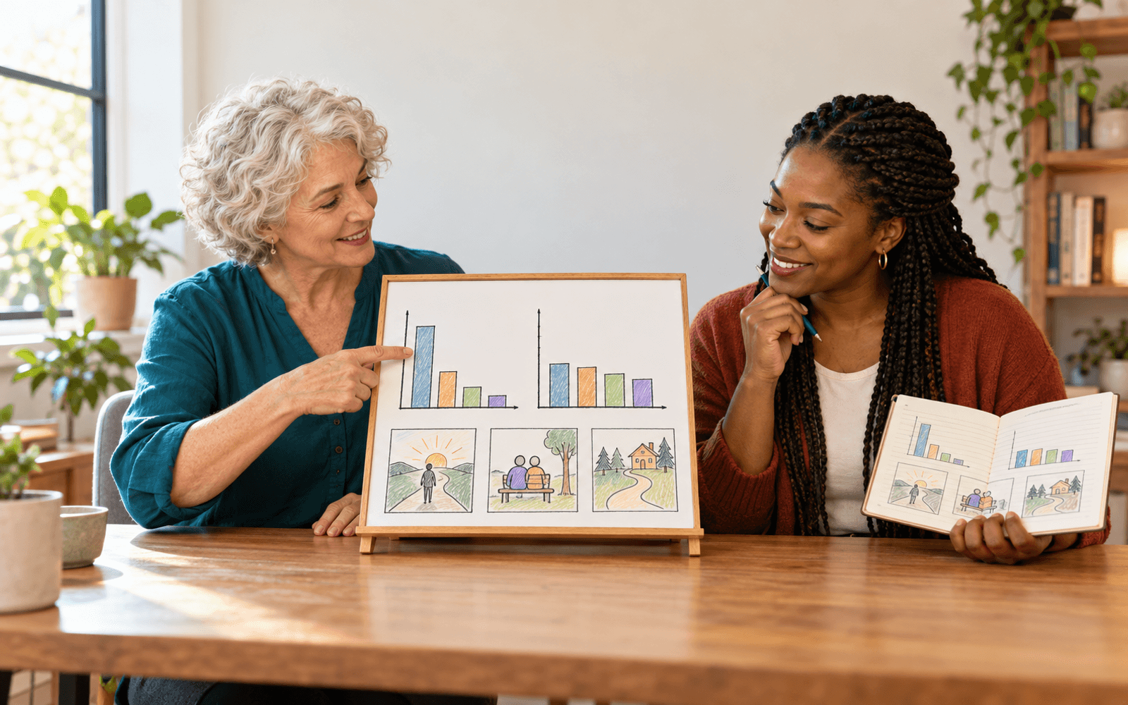A silver-haired White instructor and a Black adult learner compare two probability bar charts and three story-ending sketches on a tabletop board.