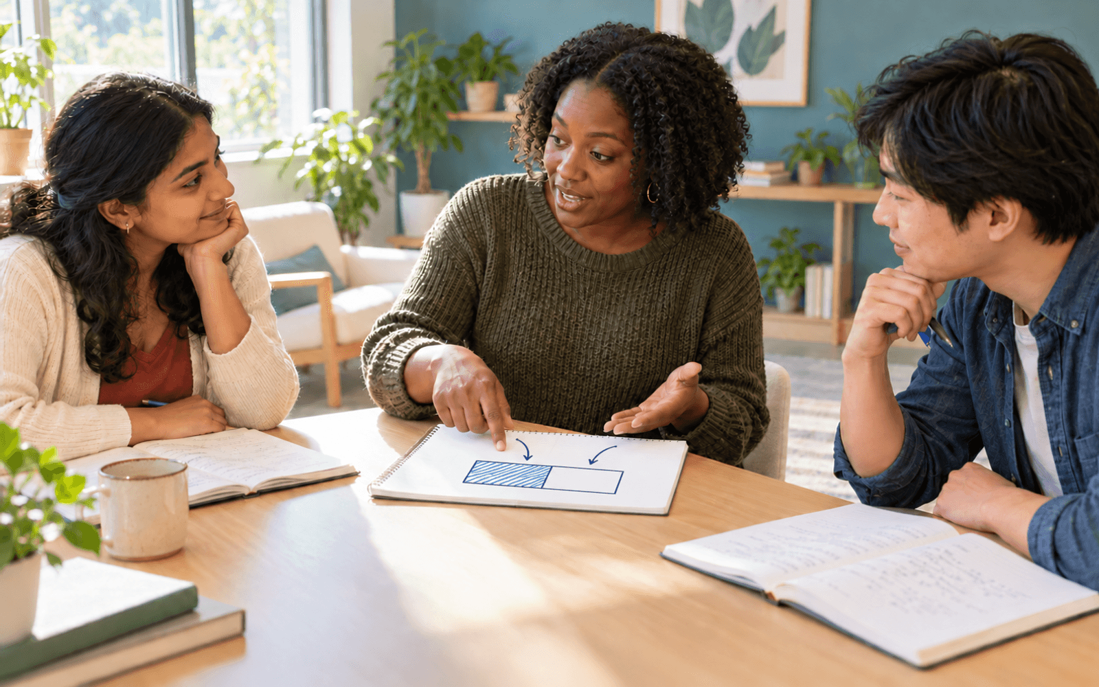 A Black adult learner explains a hand-drawn rectangle with one half shaded to a South Asian tutor and an East Asian peer.