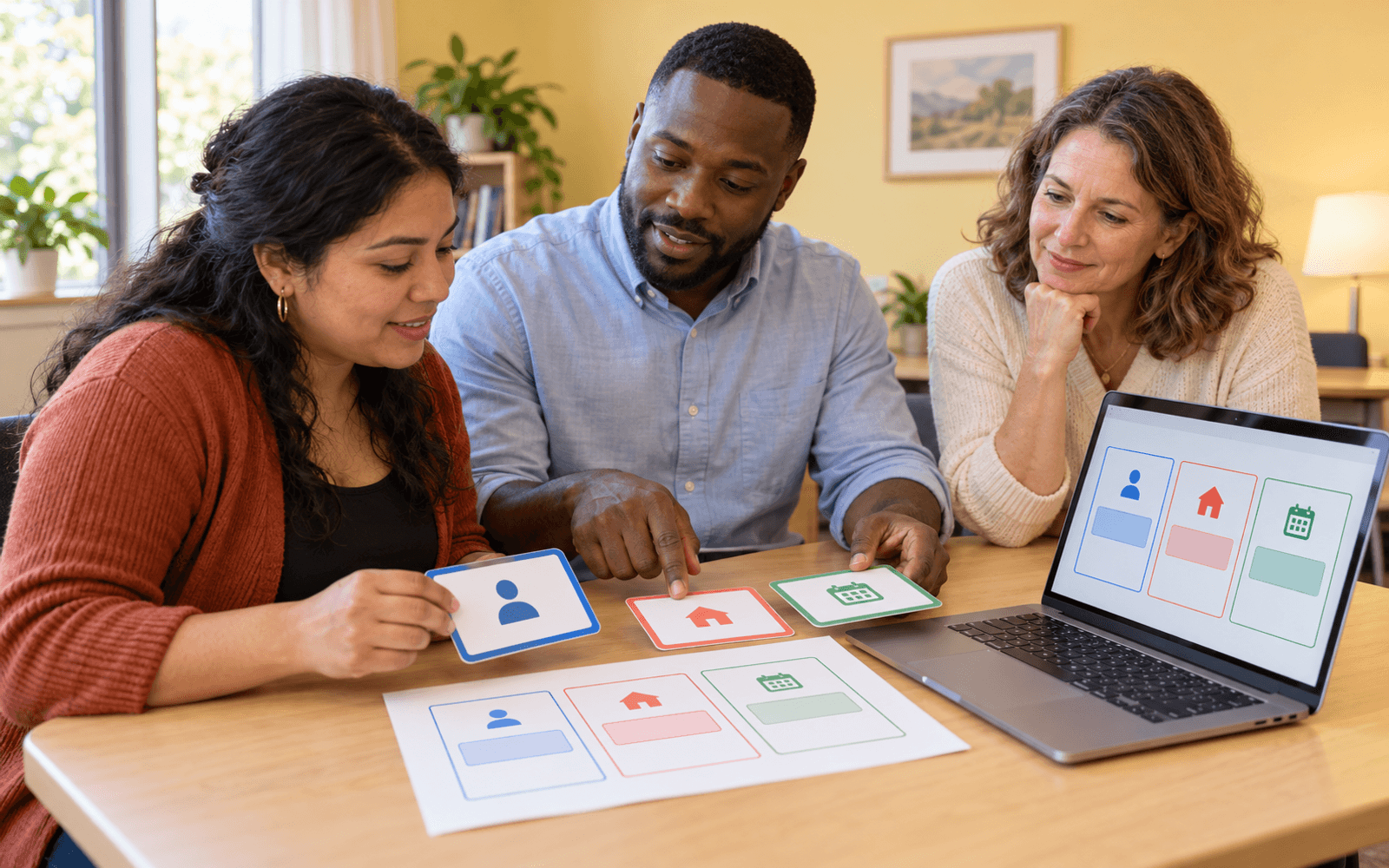 A computing teacher and two adult learners align illustrated cards with fields on a paper form beside a laptop showing a simple structured grid.