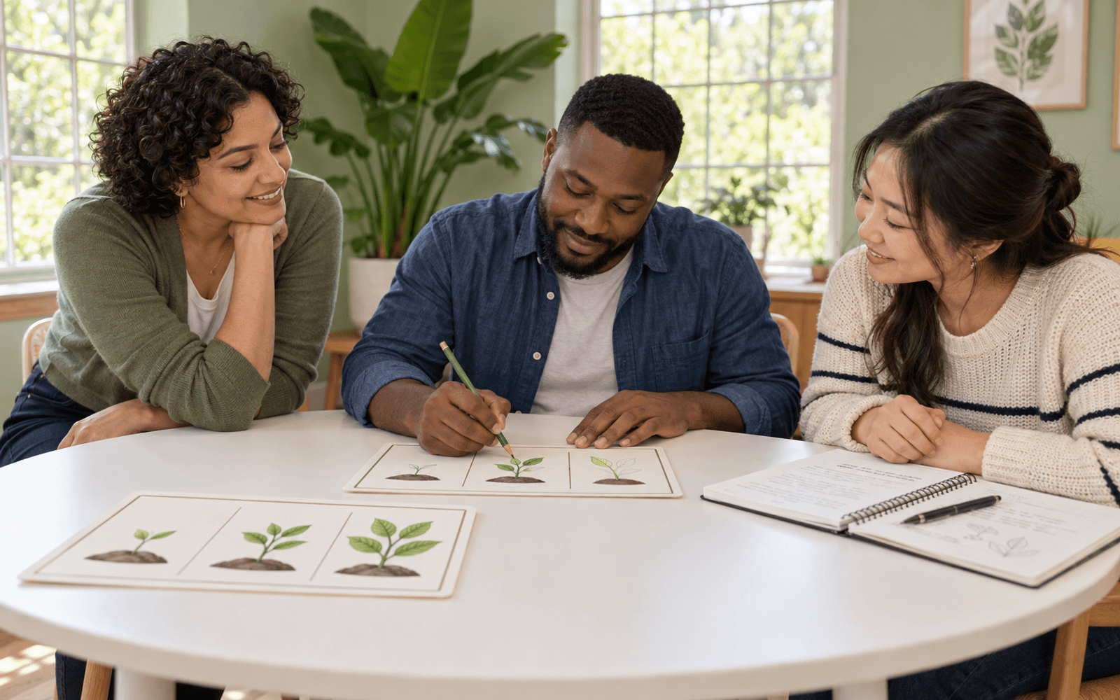 Two adult learners draw a missing stage in a plant picture sequence while a Latina educator watches and a completed example card lies nearby.