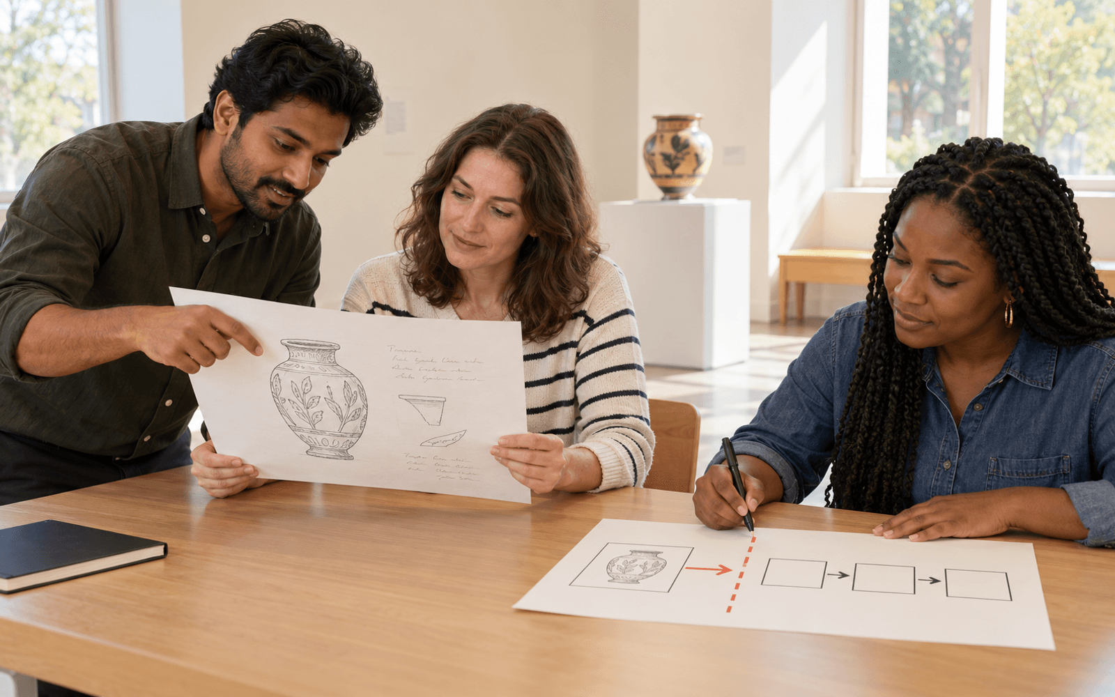An instructor and two adult learners separate a museum source sheet from a task-flow diagram and mark the boundary between source material and instructions.