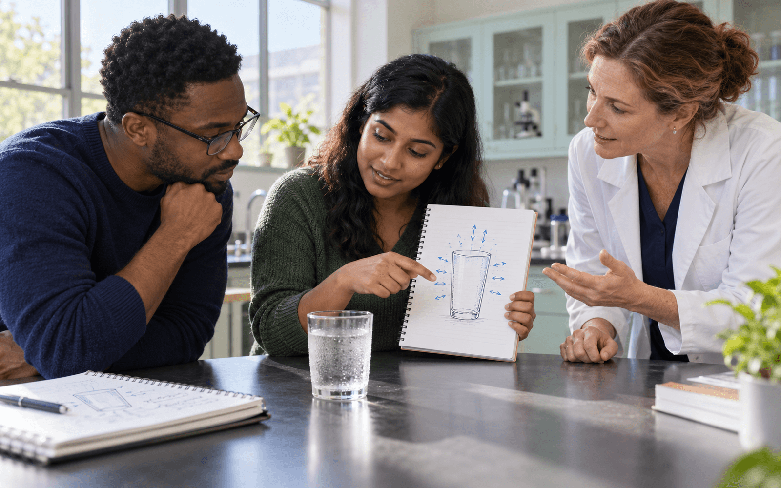 A science educator and two adult learners examine condensation on a cold glass and discuss an annotated sketch of the cool surface.