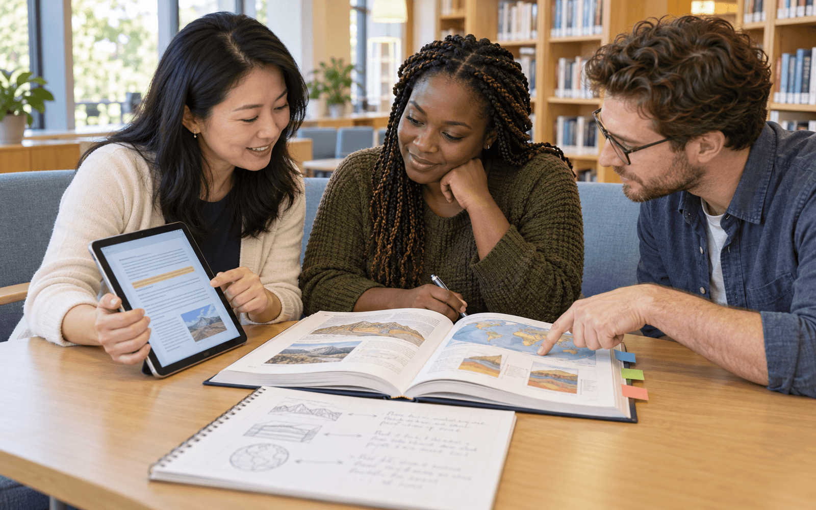 An educator and two adult learners compare a highlighted tablet passage with an open reference book and a source-checking notebook.