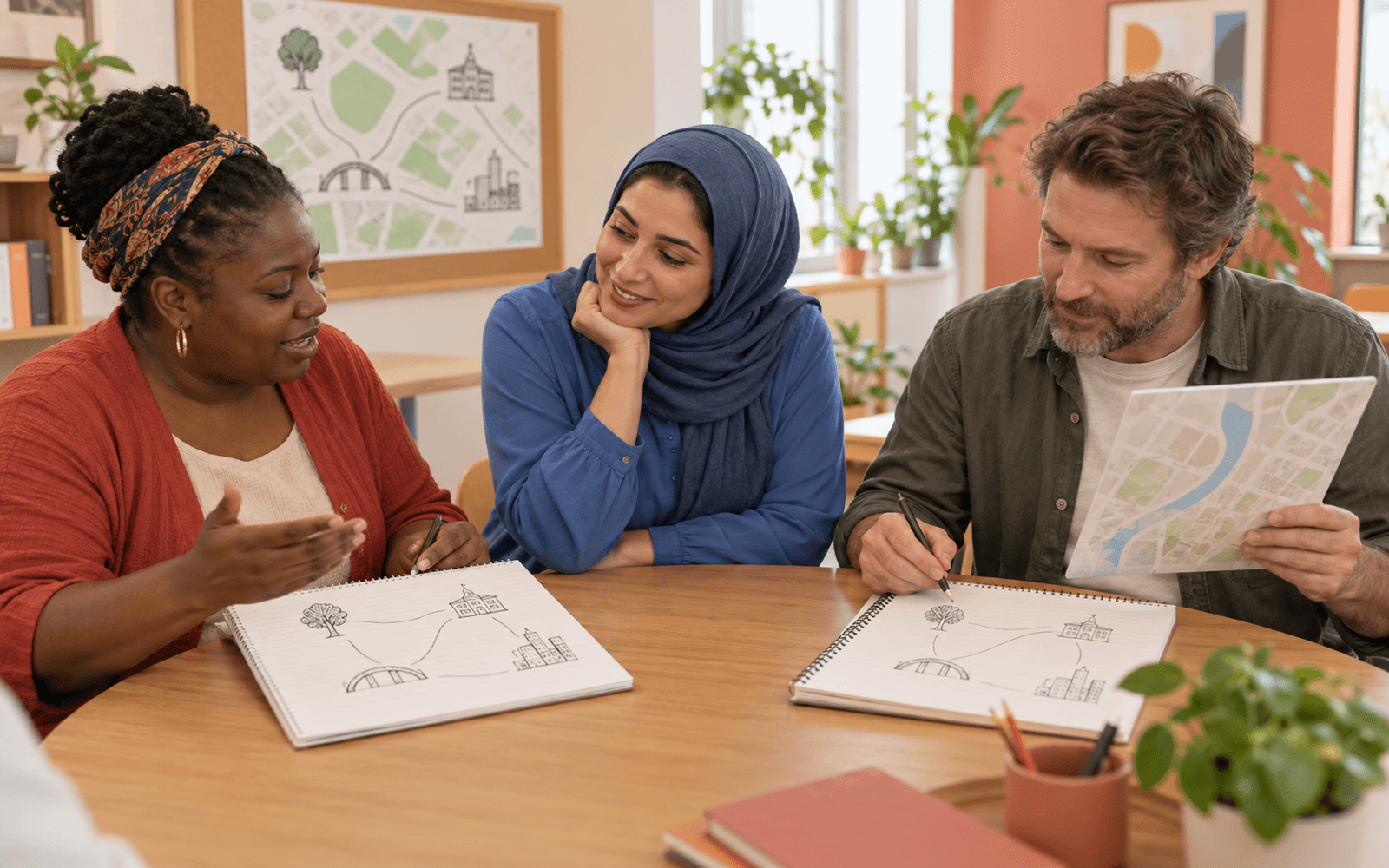 Adult learners compare sketched route maps with a reference while a teacher listens to their explanations.
