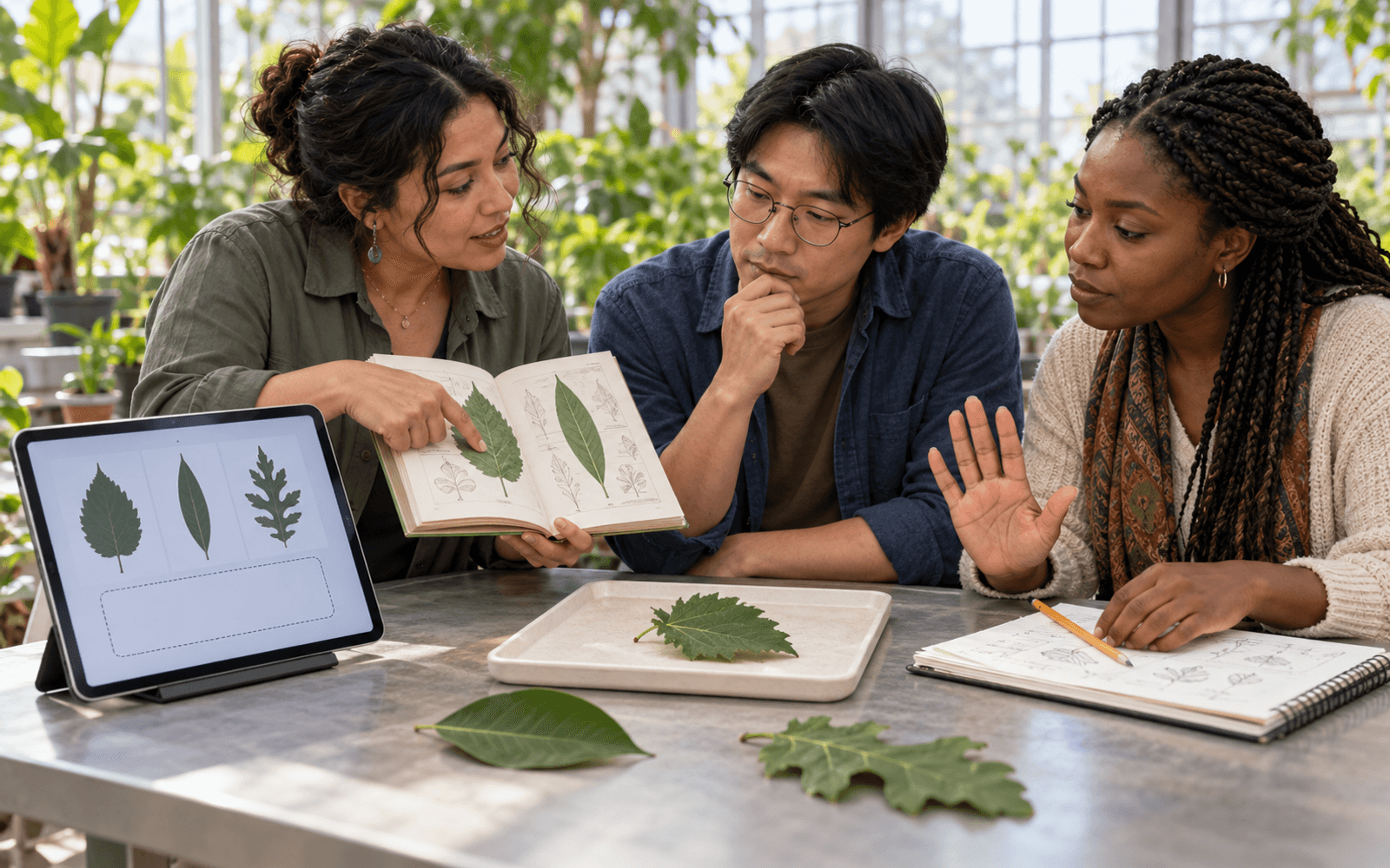 A botany learner pauses a leaf classification while an instructor opens a field guide and another learner checks the specimen.