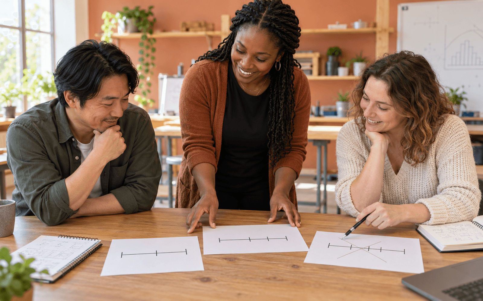 Adult learners compare two rough sketches of spread with a teacher who is helping them connect their attempted methods to a clearer comparison.