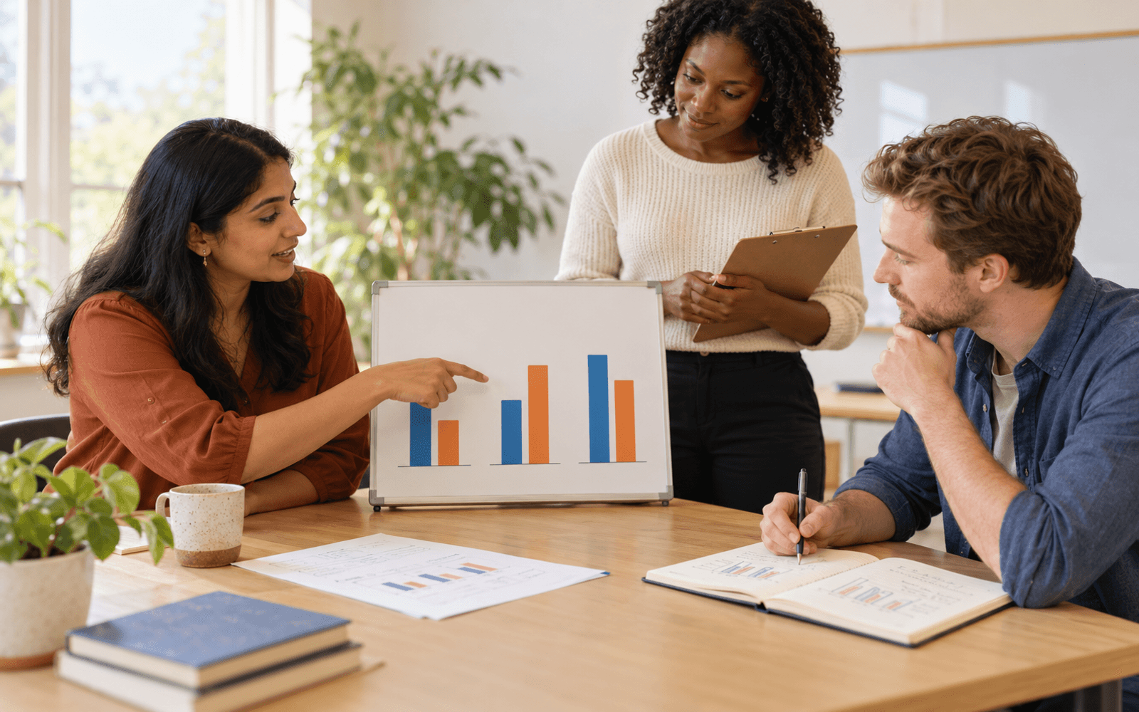 A data-science teacher and two adult learners compare paired prediction and observed-result bars and record differences in a notebook.