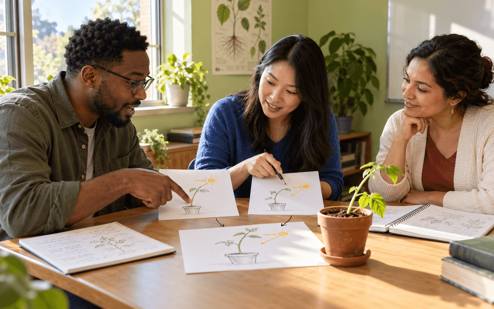 Two adult learners compare and revise diagrams of a plant growing toward light while an educator listens to their shared explanation.