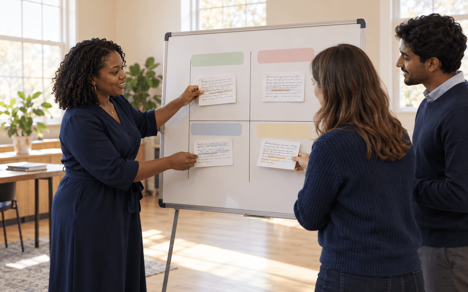 A Black woman educator and White and South Asian adult learners place a few fictional essay cards into a four-cell confusion-matrix diagram in a bright seminar room