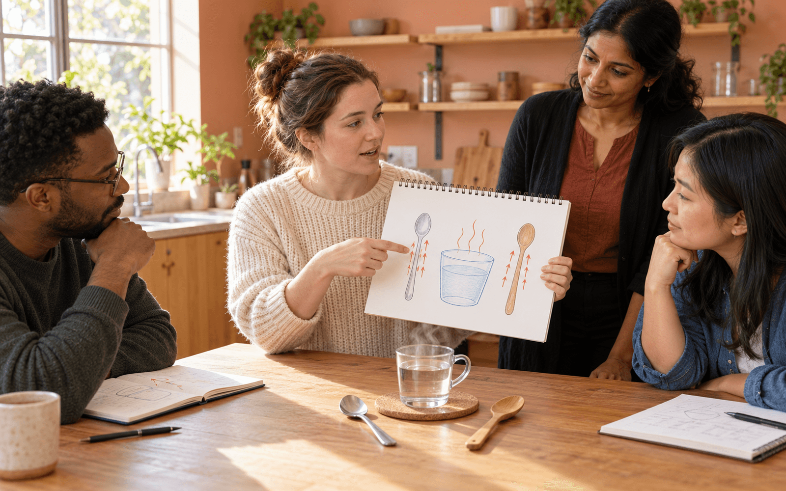 A White adult learner explains a simple heat-transfer diagram to Black and East Asian peers while a South Asian teacher listens beside a metal and wooden spoon