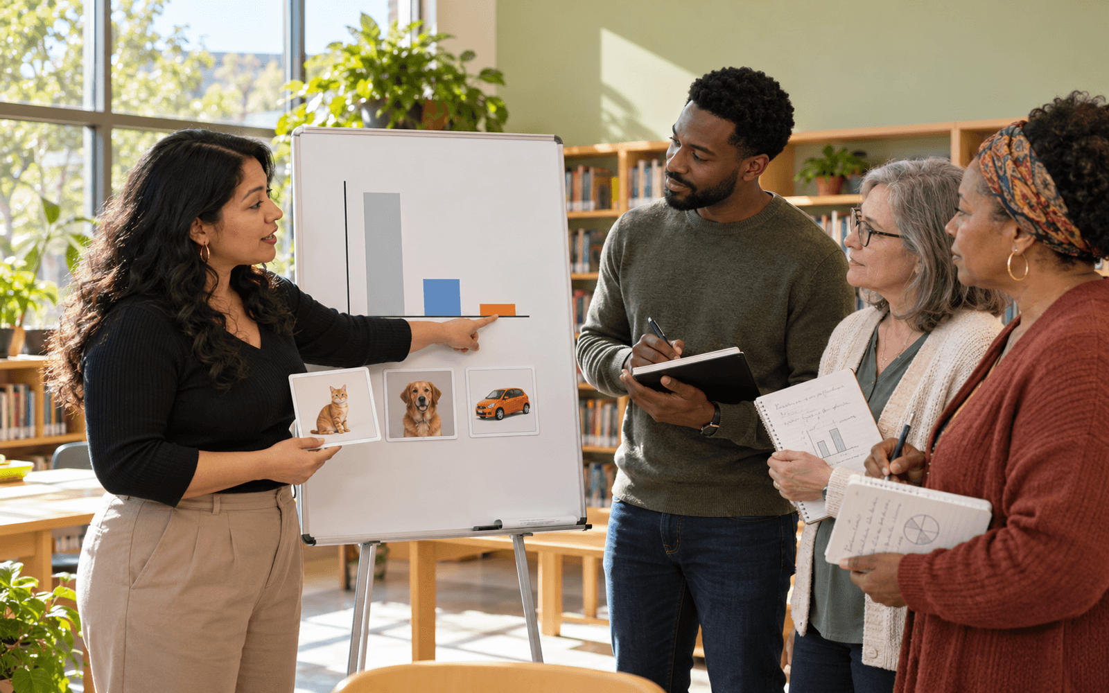 A Latina computing teacher and Black and White adult learners inspect a resource-catalog chart with one small highlighted category and a few example diagram cards