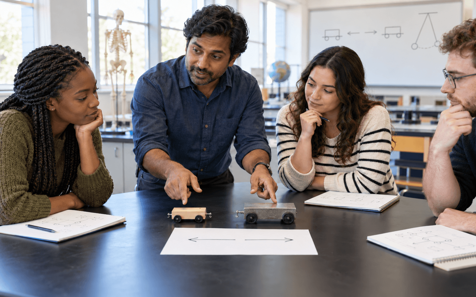 A physics educator and adult learners compare two toy carts and opposite force arrows, with sparse physics sketches on the classroom board.