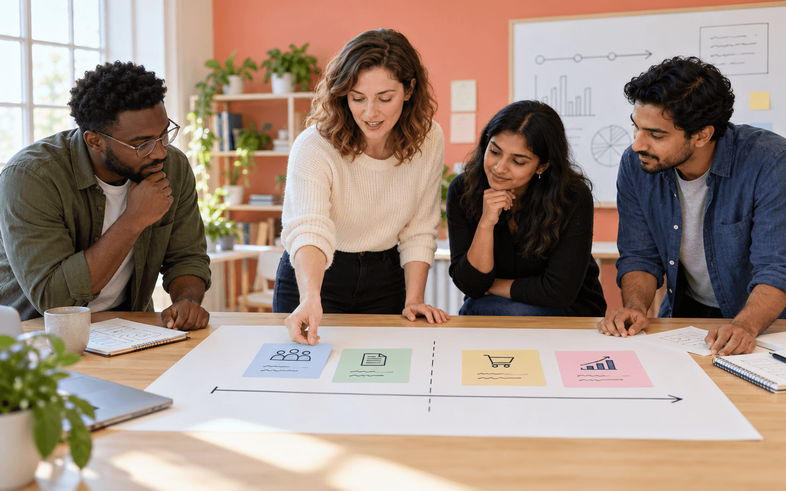A White woman data educator and Black and South Asian adult learners mark a simple course timeline and sort a few fictional feature cards by when information becomes available