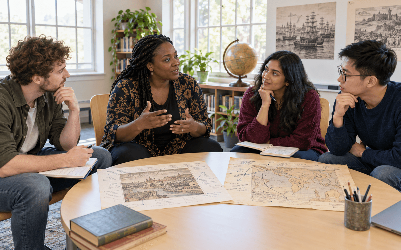 A Black woman history educator and White, South Asian, and East Asian adult learners compare two annotated historical extracts around a bright classroom discussion table