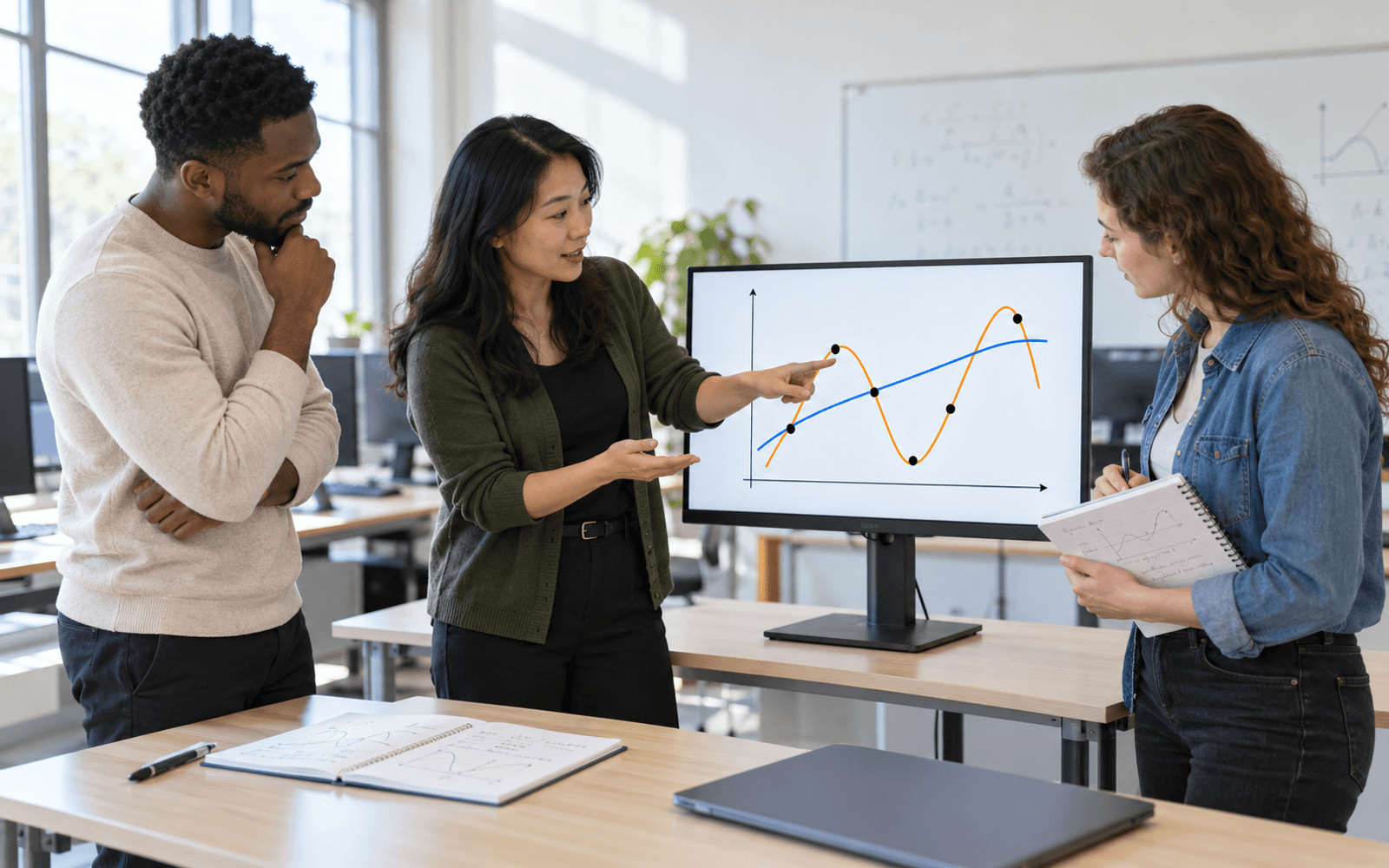 An East Asian woman computing educator and Black and White adult learners compare a smooth fitted curve and a sharply bending curve over a small synthetic dataset on a classroom display
