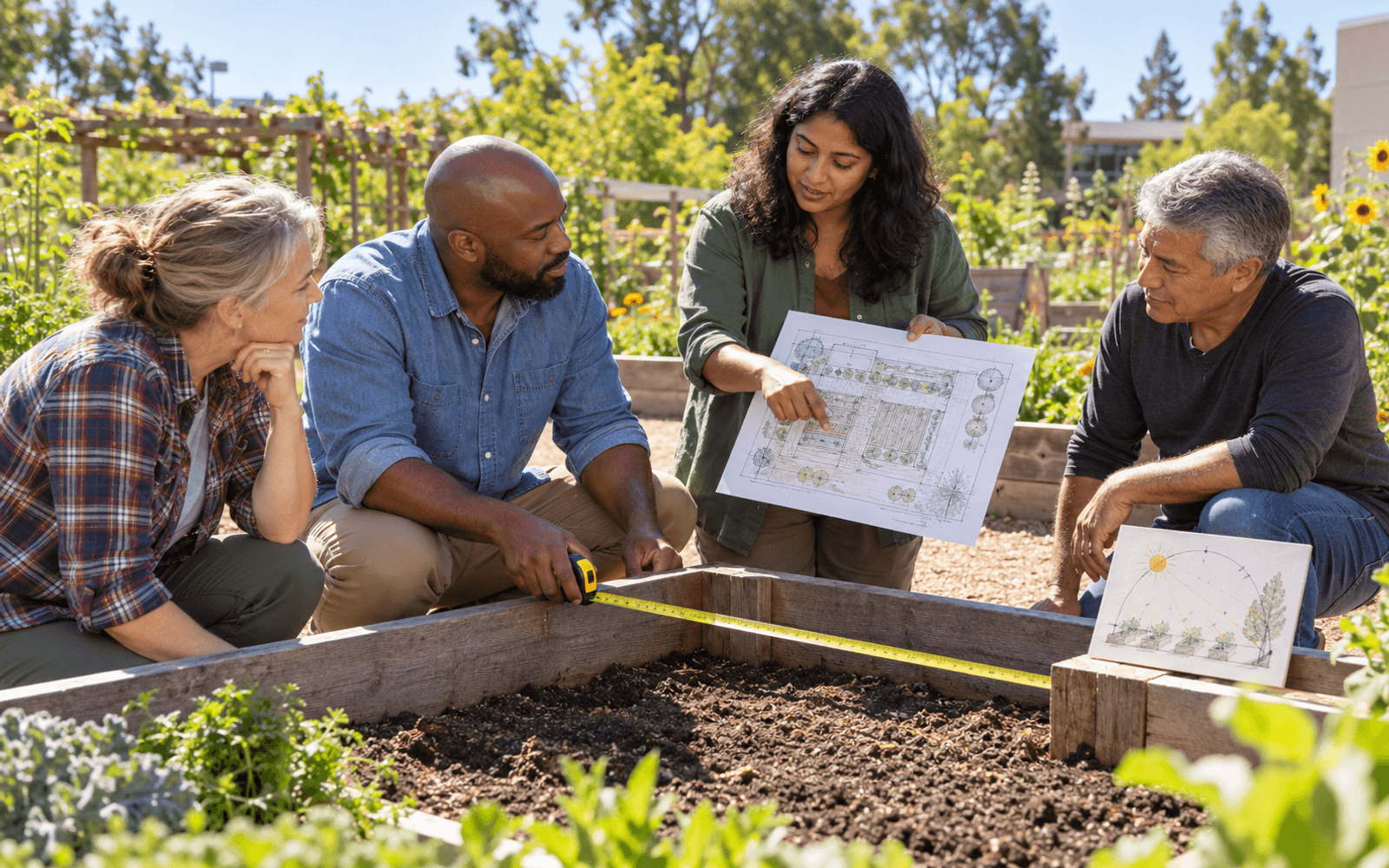 A South Asian educator and three adult learners coordinate a raised-bed garden plan with a drawing, measuring tape and sunlight sketch outdoors.