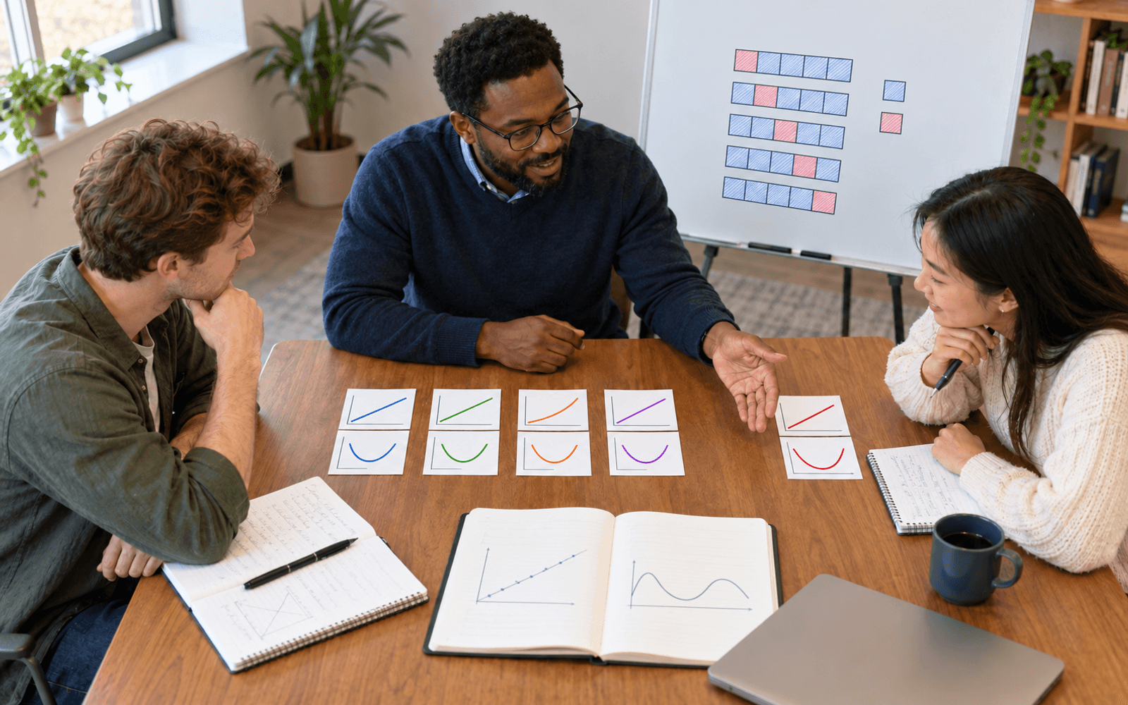A statistics educator and two adult learners compare five groups of illustrated response cards with an unlabeled cross-validation grid on the board.