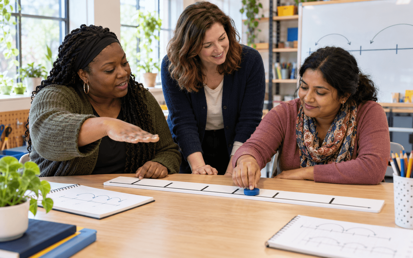 A White woman mathematics teacher and Black and South Asian adult learners connect a hand gesture and a movable marker with a clearly marked number-line diagram at an accessible table