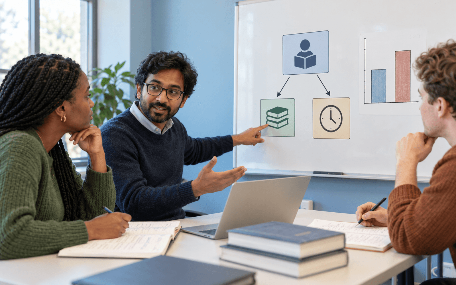 A South Asian male education researcher and Black and White adult learners compare a simple tutoring-outcome chart with a three-variable causal diagram in a bright seminar room