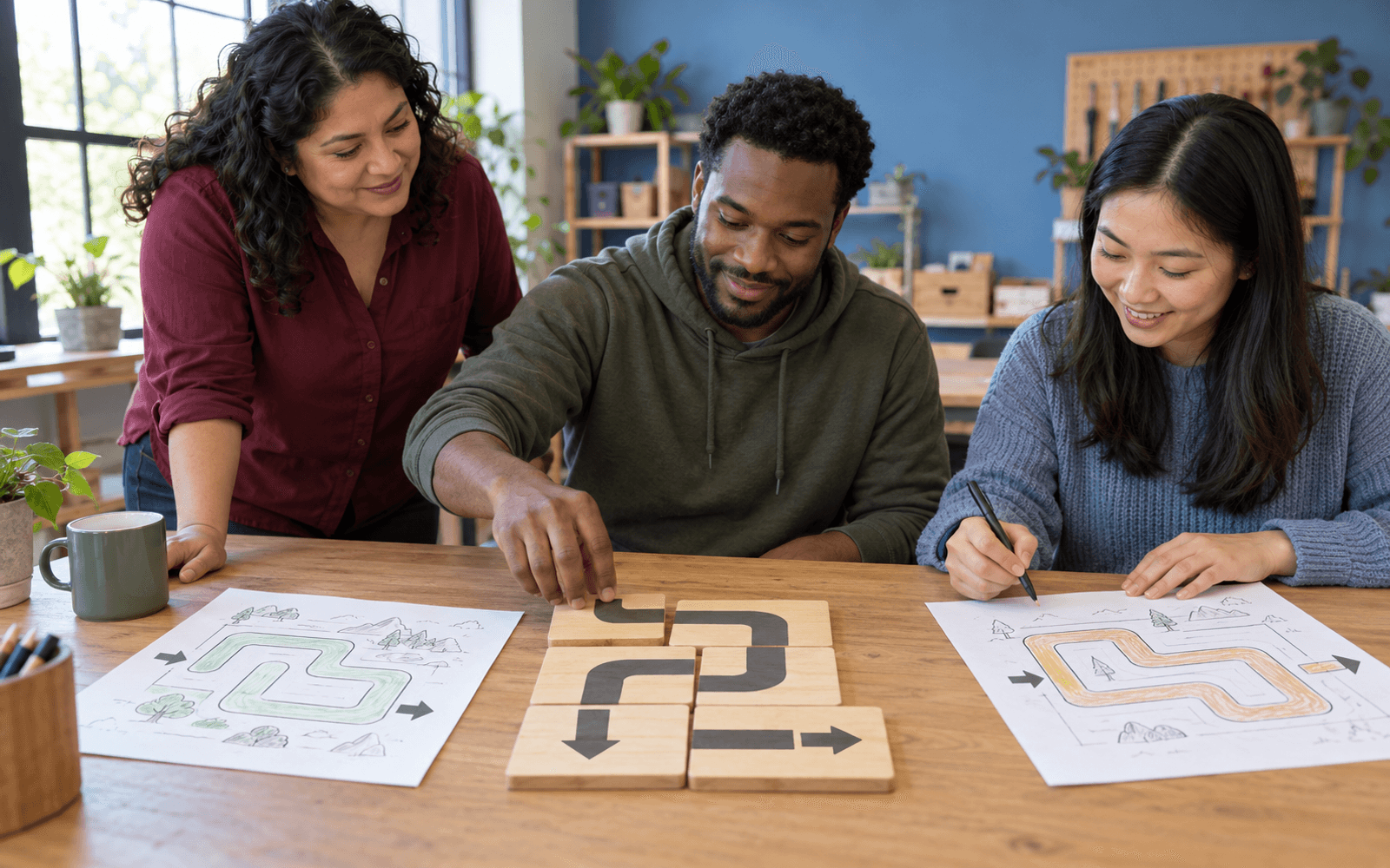 An educator watches two adult learners test and revise a handmade maze game using marked path tiles and annotated paper prototypes.