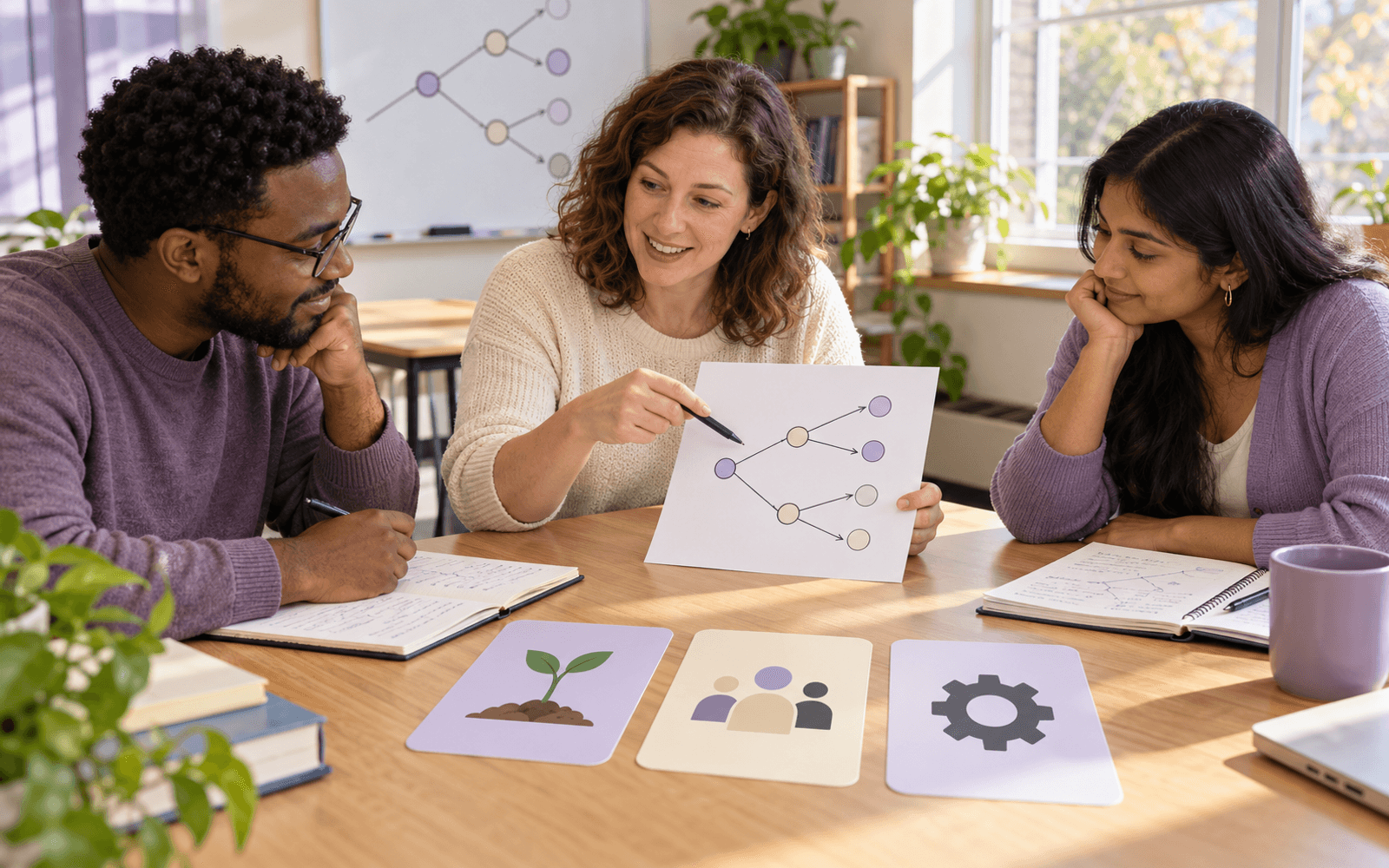 A White woman statistics educator and Black and South Asian adult learners compare a small probability tree with grouped resource cards on a sunlit classroom table