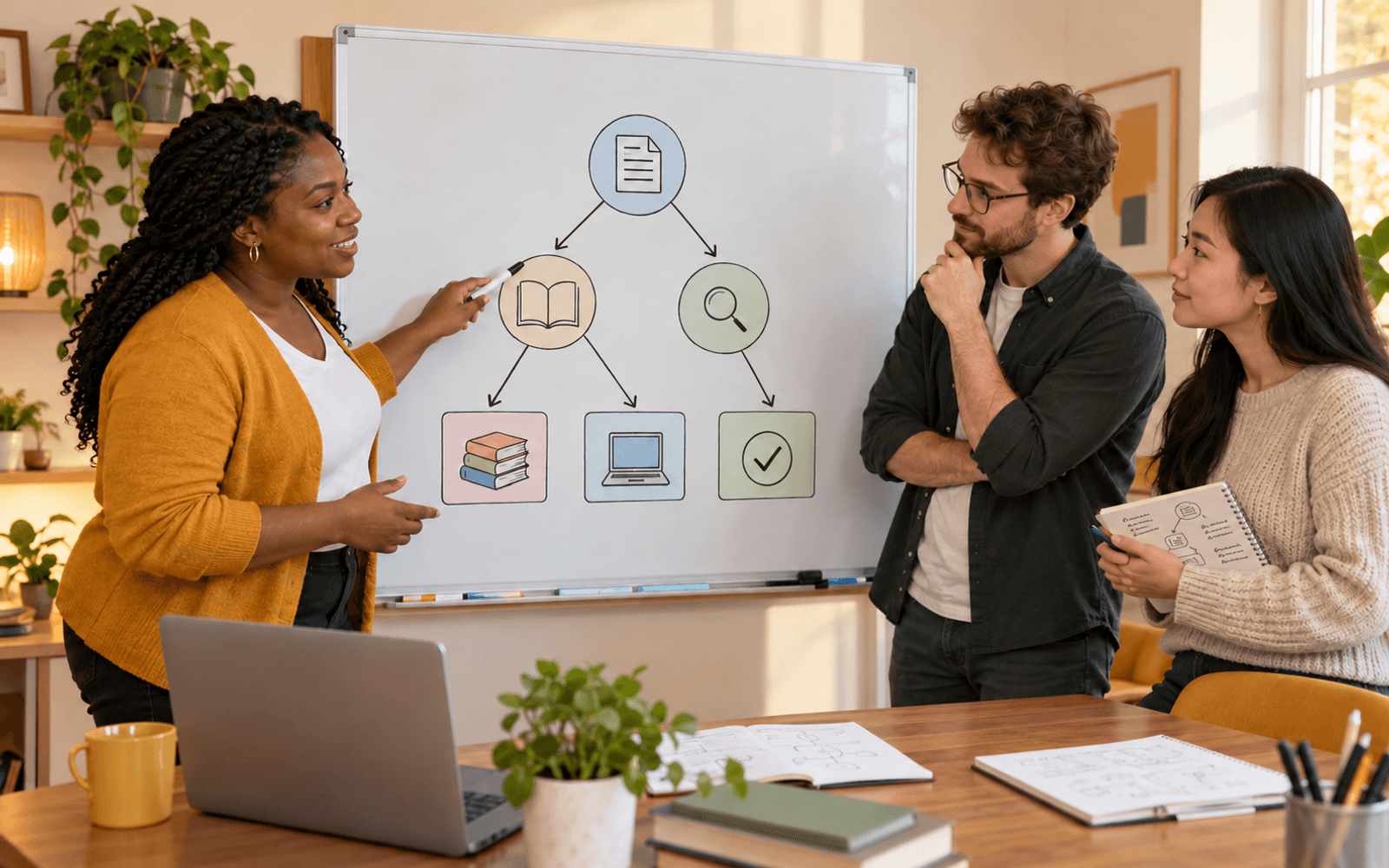 A computing educator and two adult learners trace a small resource-review decision tree while a learner holds a notebook with a matching diagram.