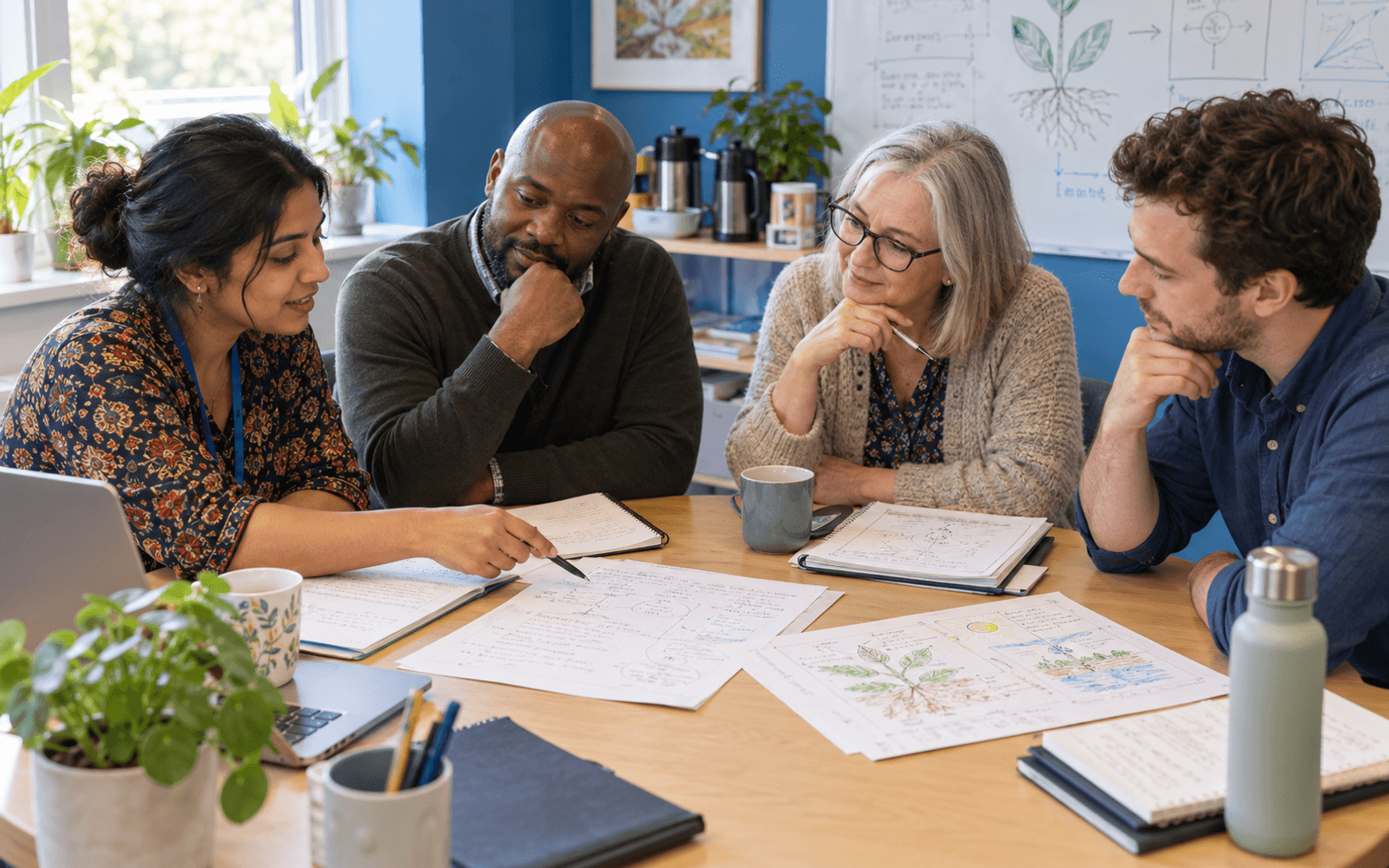 A South Asian woman teacher and Black and White adult colleagues examine a brief lesson transcript and a few annotated learner responses during a bright reflective planning meeting