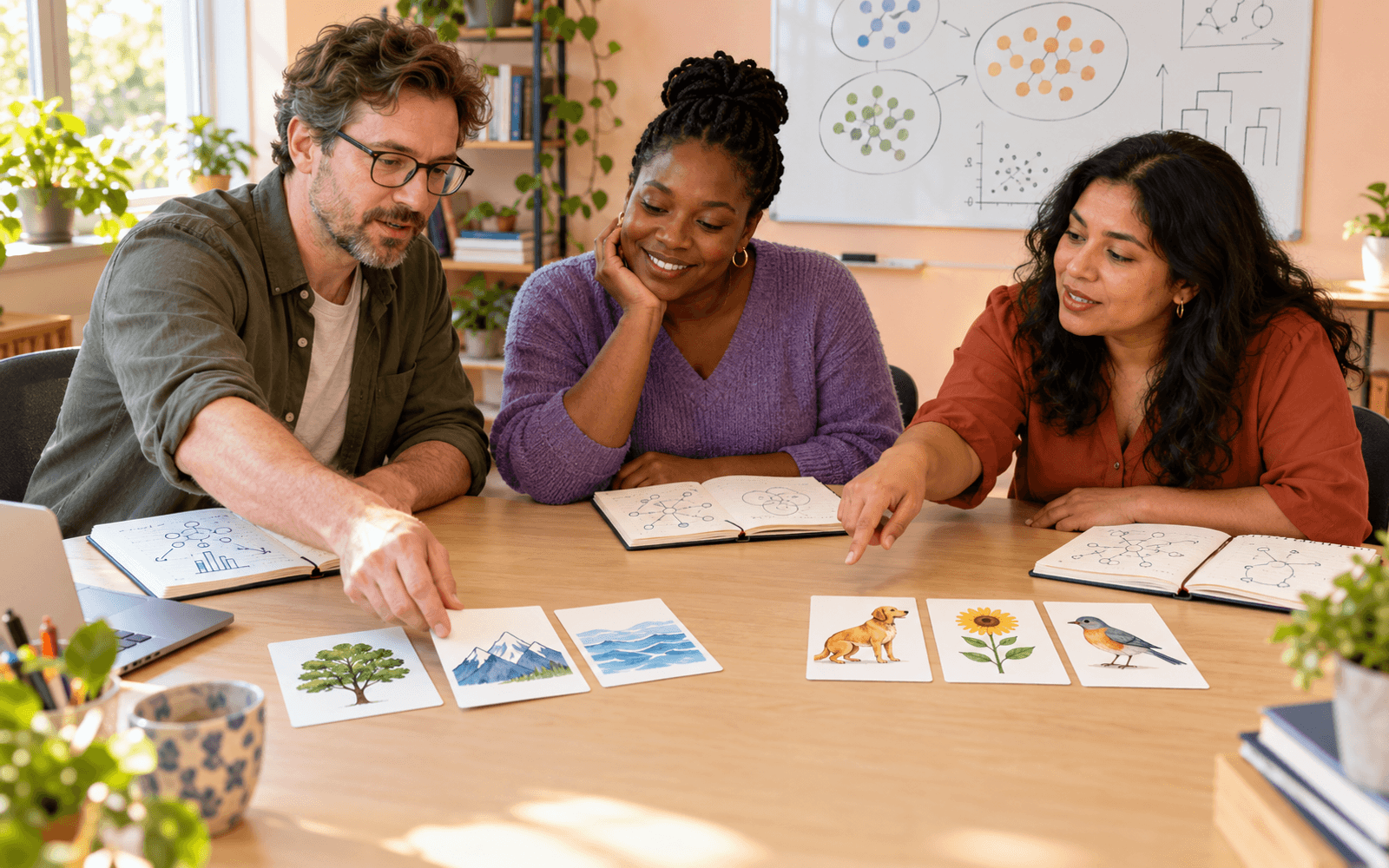 A White male educator and Black and Latina adult learners sort a small selection of lesson-description cards into alternative groups on a bright table