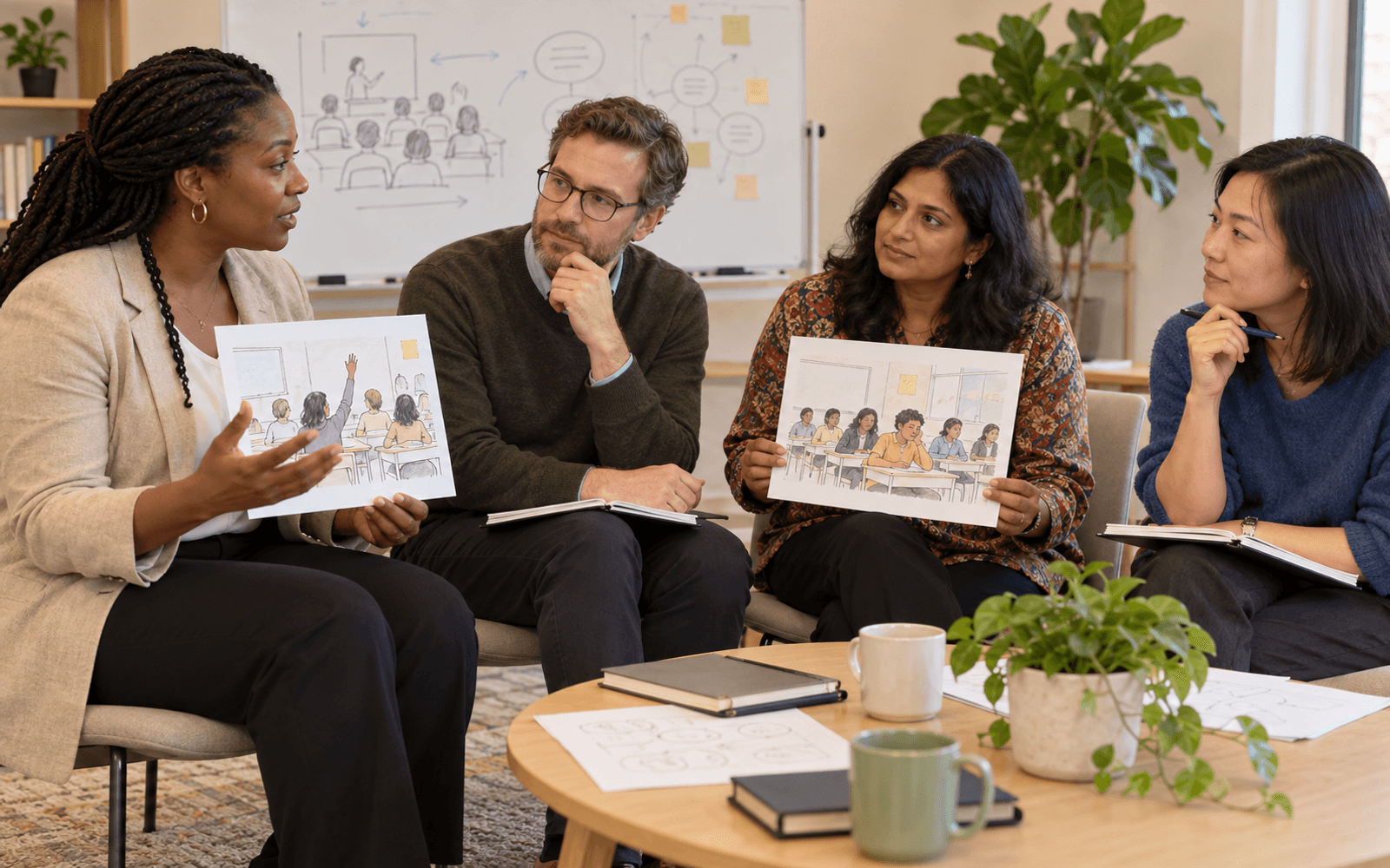A Black woman professional-learning facilitator and White, South Asian, and East Asian adult teachers compare contrasting classroom participation cases in a calm bright seminar room