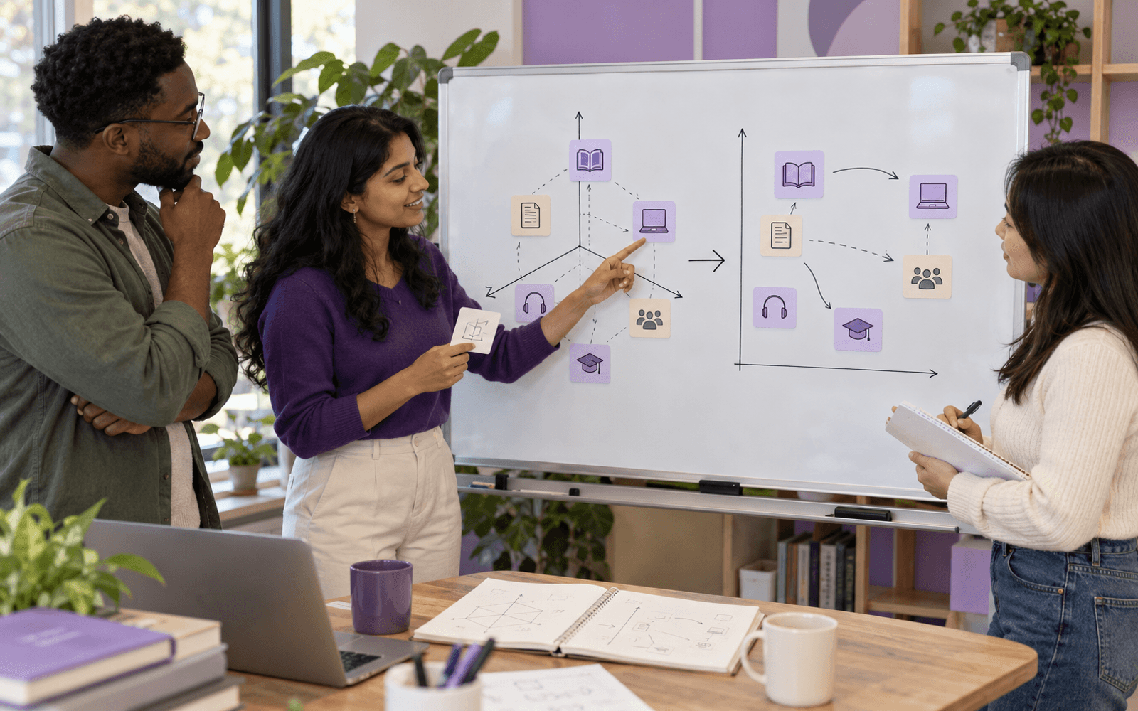 An educator explains a diagram mapping six resource symbols from three axes to a two-axis view while two learners follow.