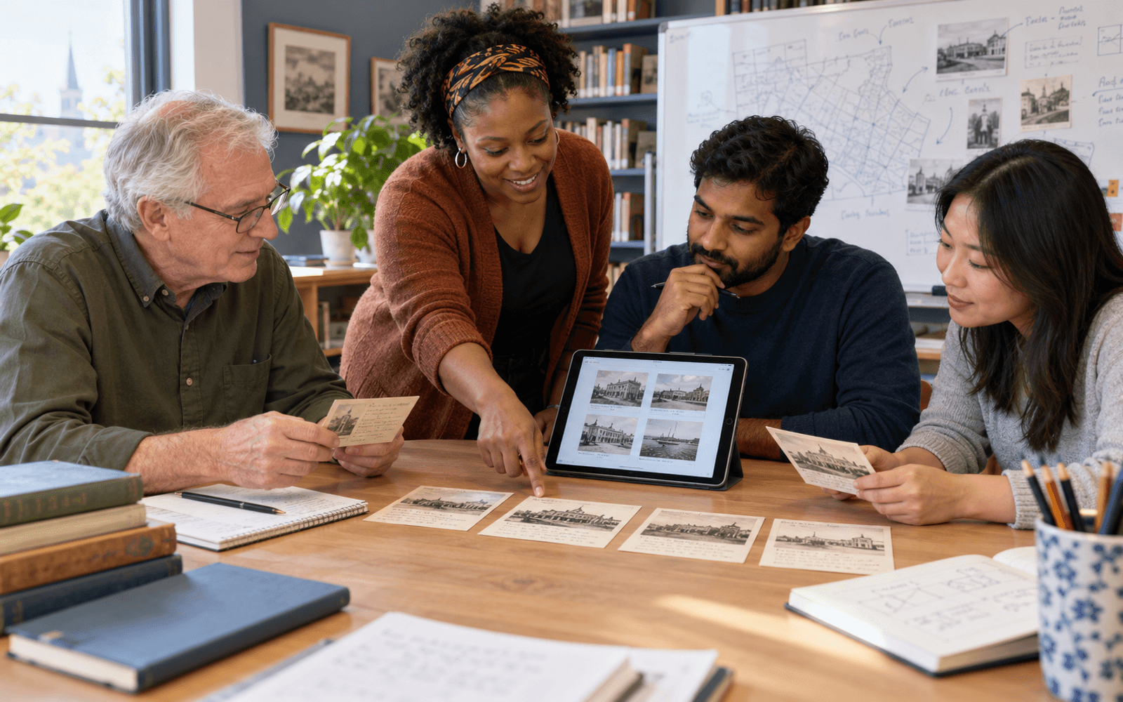 A Black woman adult educator and White, South Asian, and East Asian adult learners turn a few annotated local-history record cards into a simple digital catalogue in a bright community classroom