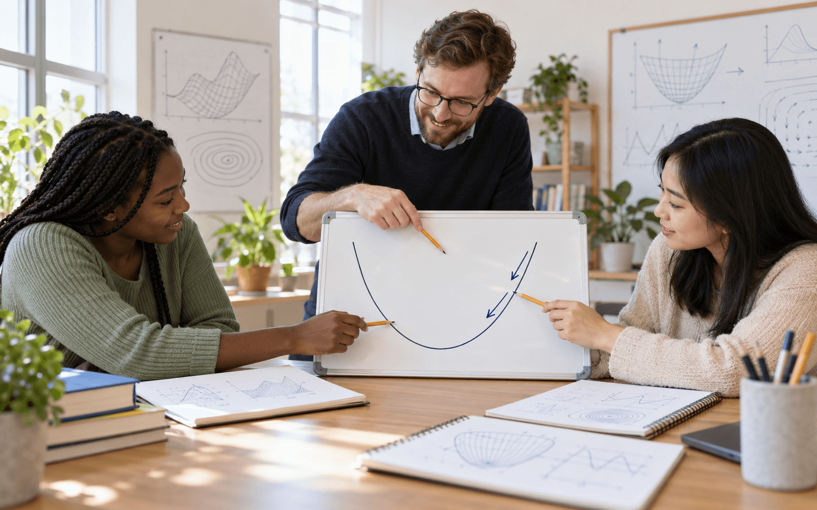 A White male mathematics educator and Black and East Asian adult learners trace two large step arrows on a simple bowl-shaped loss curve in a bright classroom