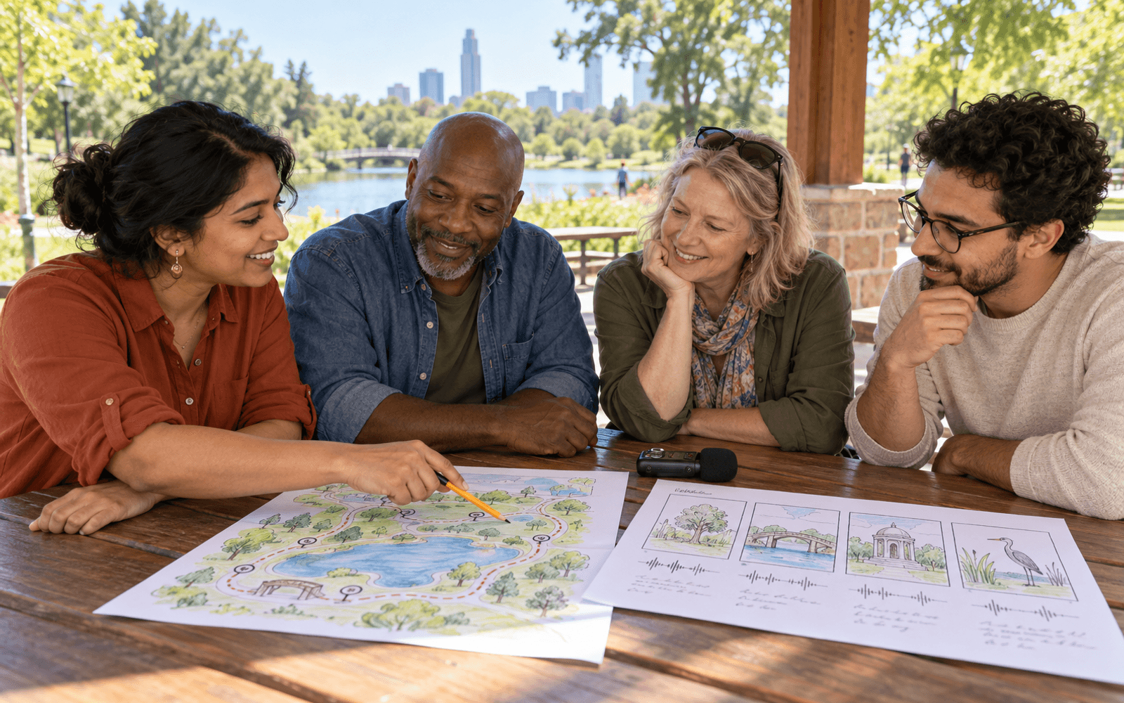 A facilitator and three adult learners revise a park route map and audio-guide storyboard in an outdoor pavilion.