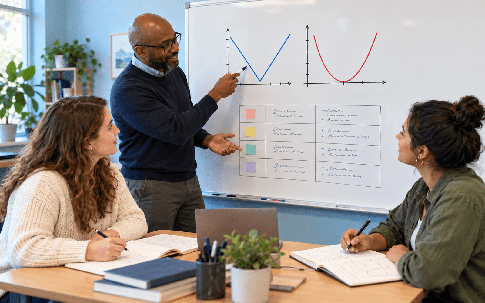 An educator and two adult learners compare a V-shaped and a U-shaped penalty curve beside a simple annotated rubric.