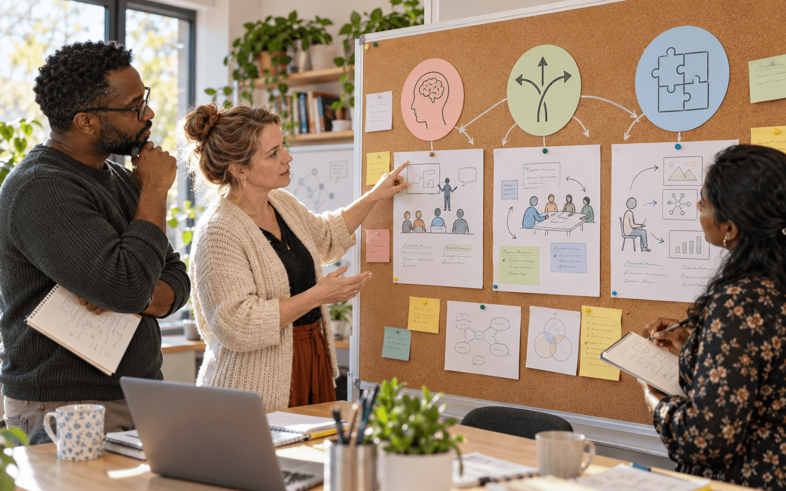 A White woman teacher educator and Black and South Asian adult teachers compare three annotated classroom case cards connected to a few broad concept labels on a bright board