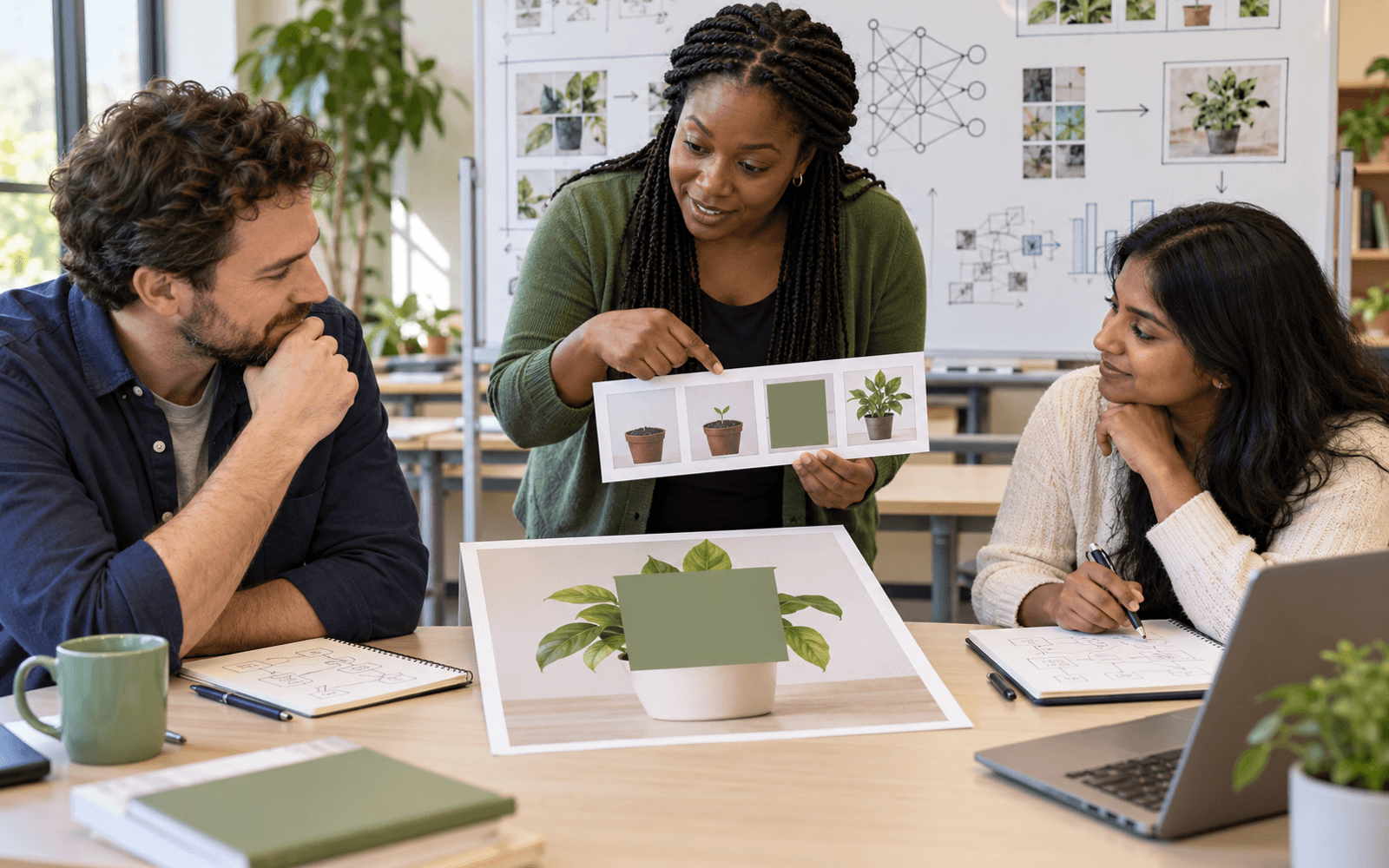 A teacher and two learners infer missing parts from a masked plant photograph and an incomplete four-panel picture sequence.