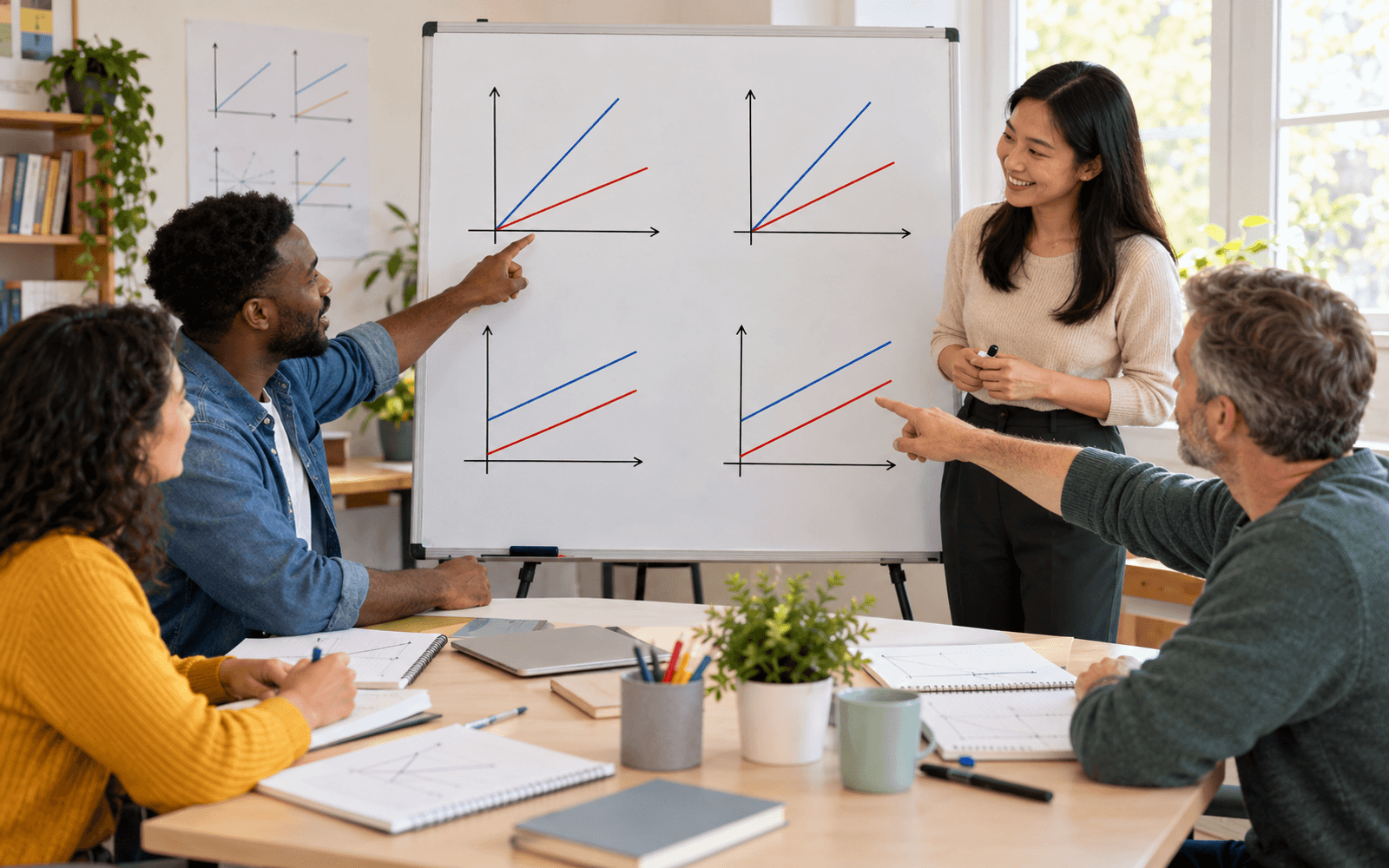An East Asian woman mathematics teacher and Black and White adult learners compare two pairs of straight-line graphs, with one visual feature changing at a time, on a bright classroom board
