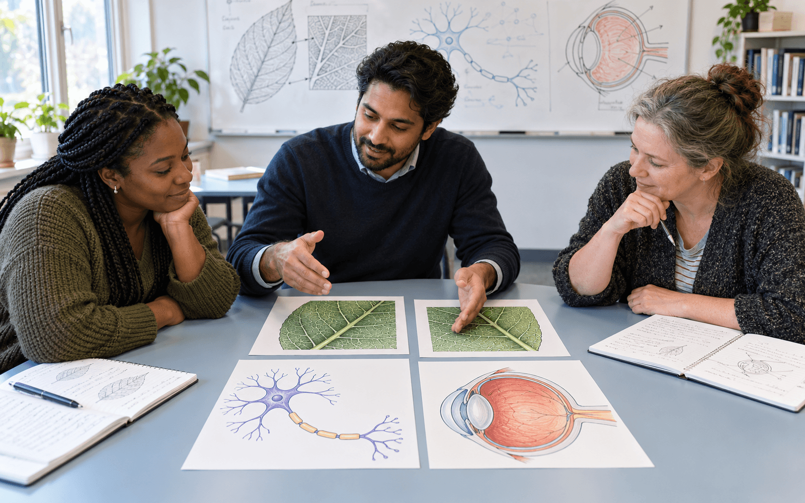 A South Asian male computing teacher and Black and White adult learners compare a few paired educational diagrams and one carefully cropped example on a bright classroom table