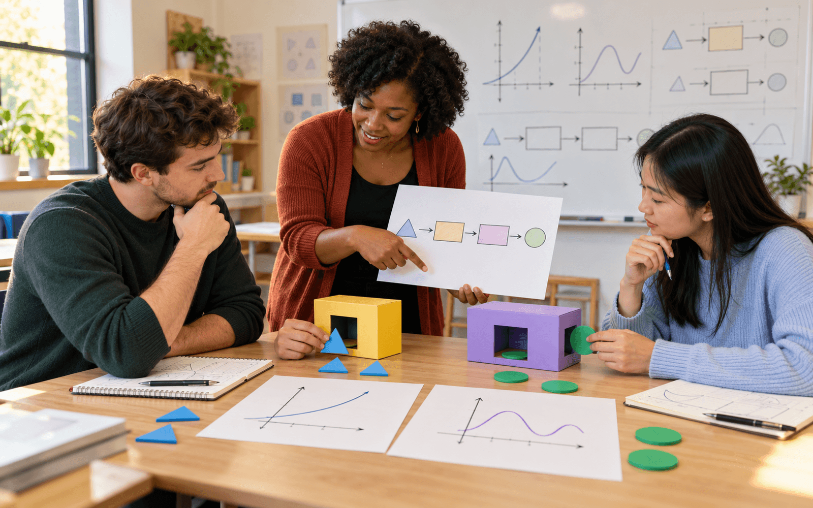 A mathematics educator and two adult learners connect function-machine models with input-output arrows and function sketches.