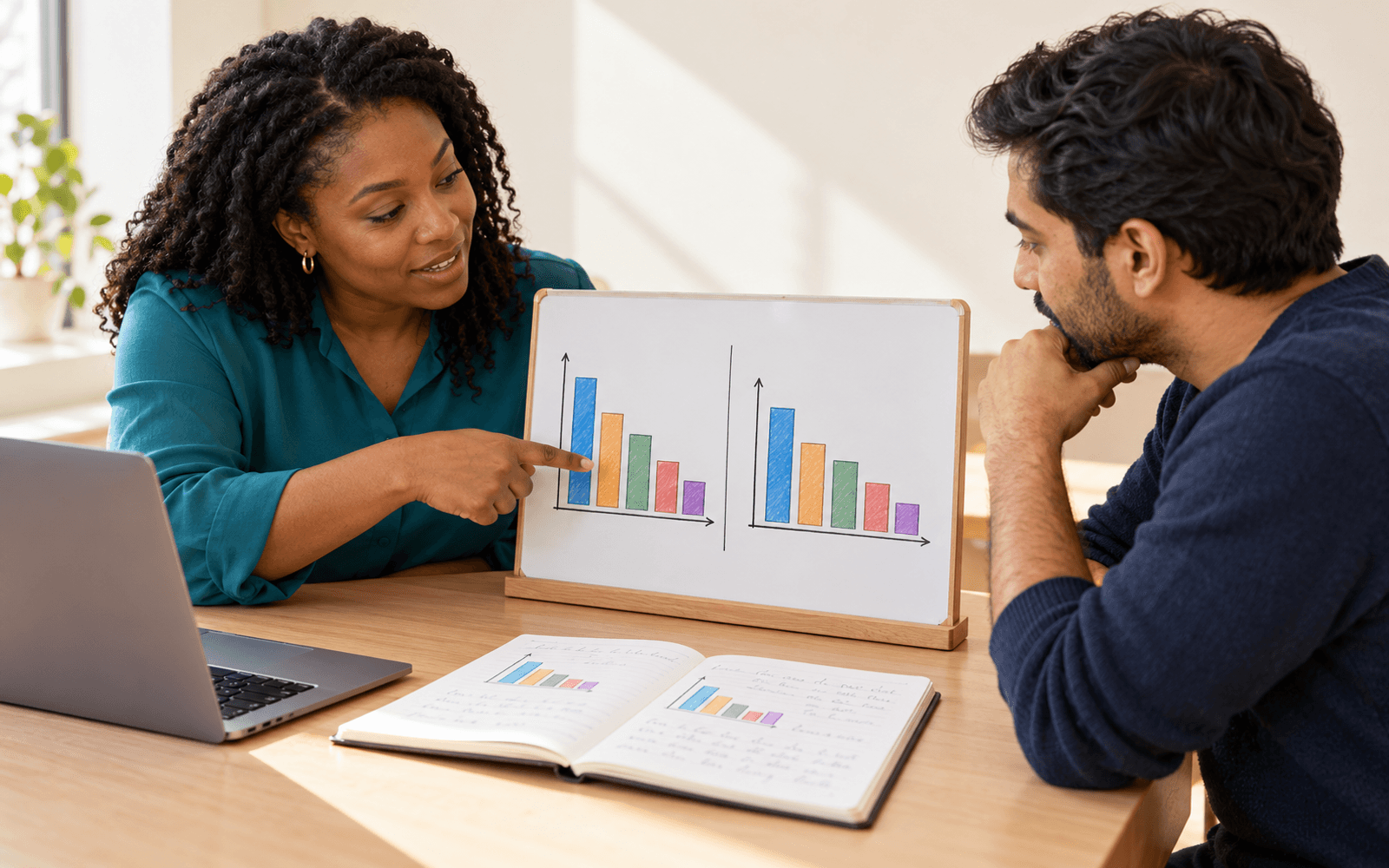 A teacher and an adult learner compare two similar probability bar charts beside a laptop and an annotated notebook.